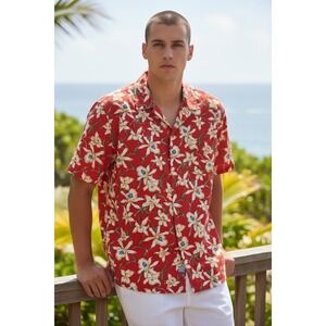 Hutspah Mens Red Floral Orchid Hawaiian Shirt‎ Size M Made USA